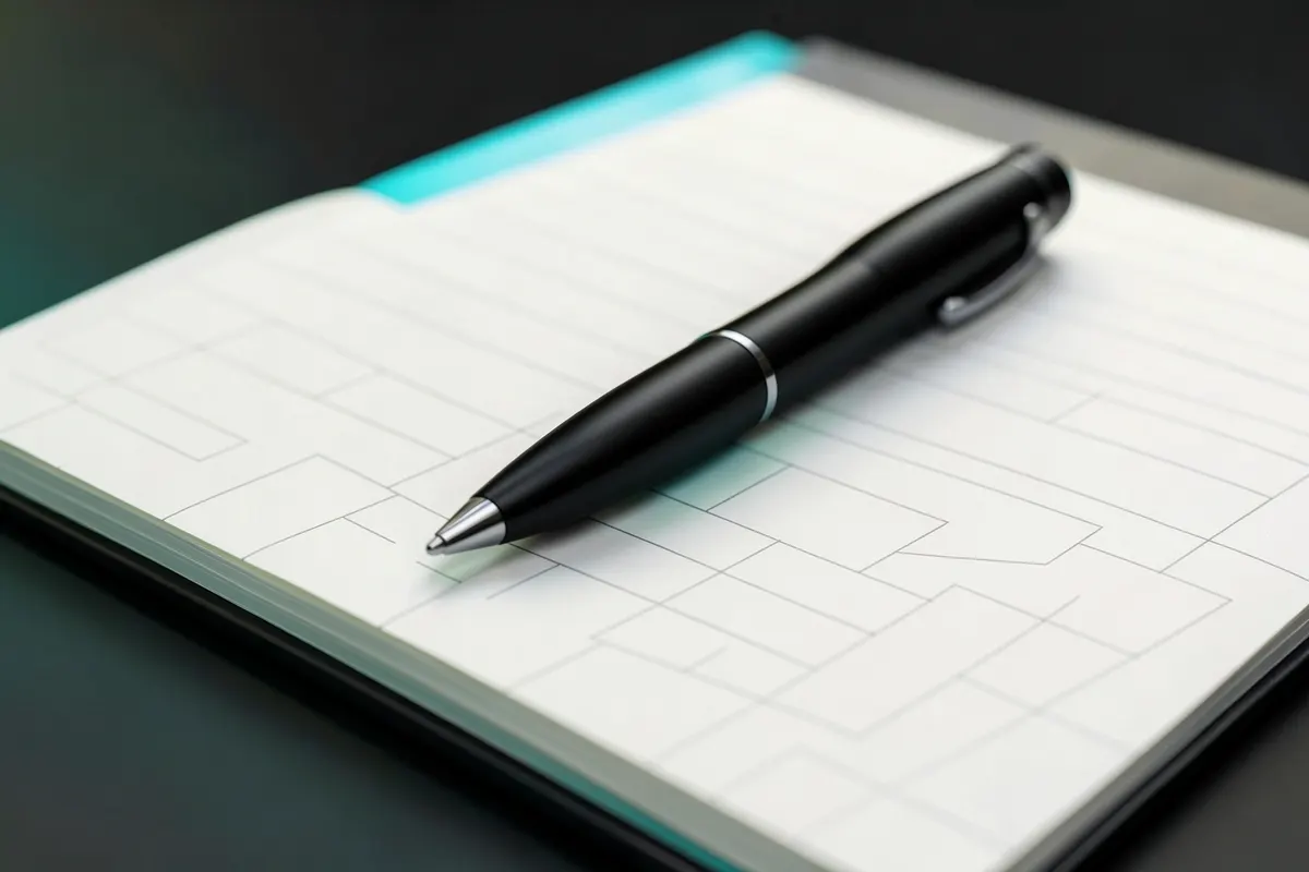 Uma caneta preta sobre um caderno aberto com linhas, pronta para escrever.