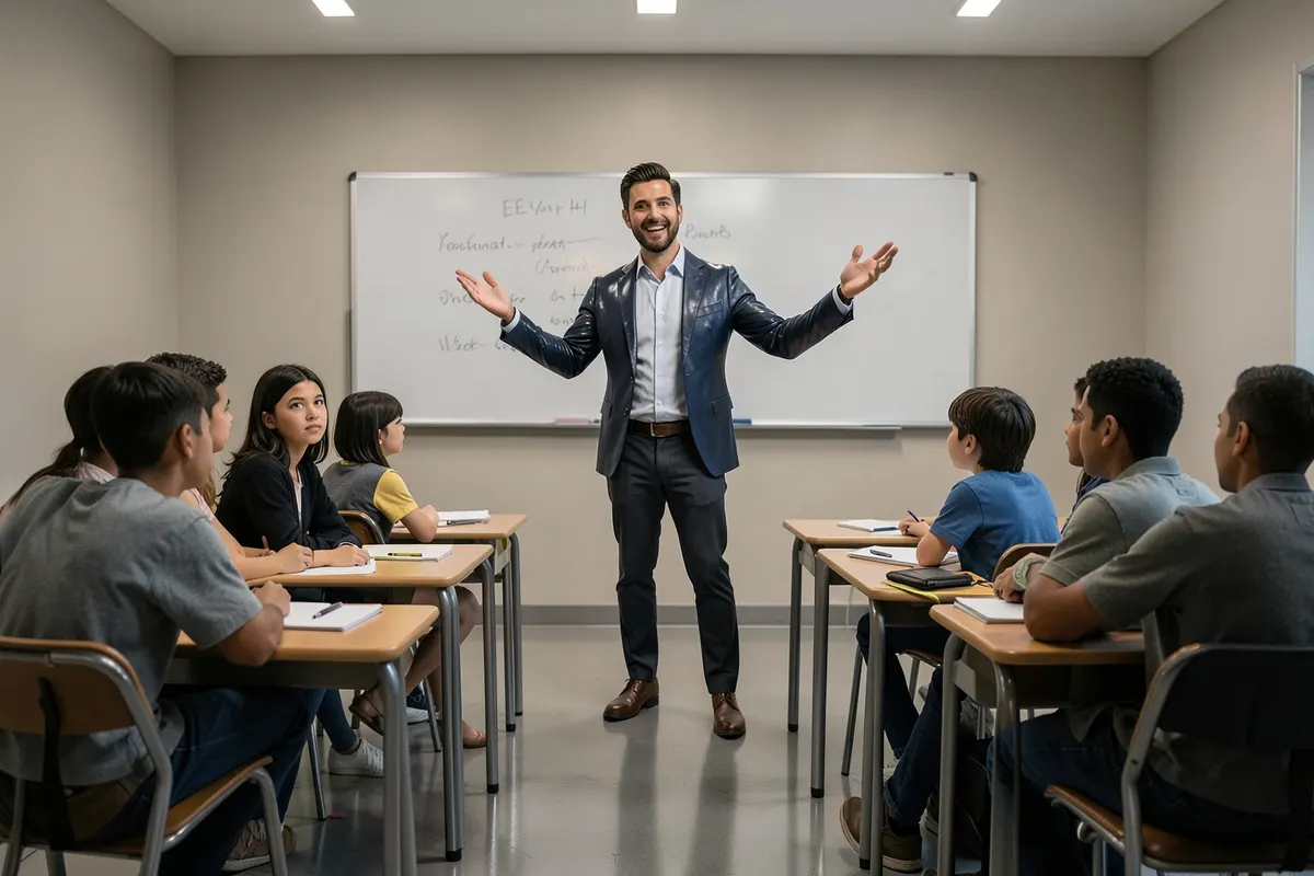 Um professor explicando algo para um grupo de estudantes sentados em uma sala de aula.