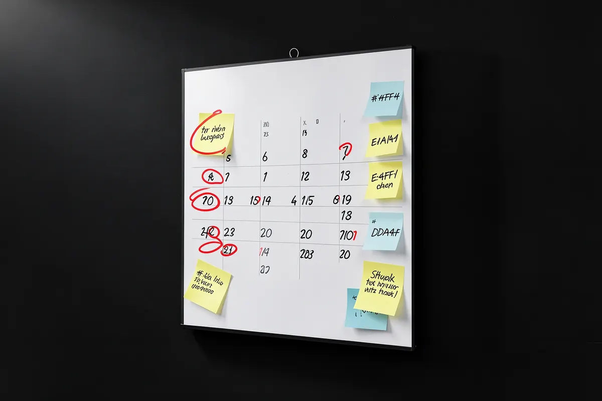 Calendário com dias marcados e post-its indicando tarefas de estudo.