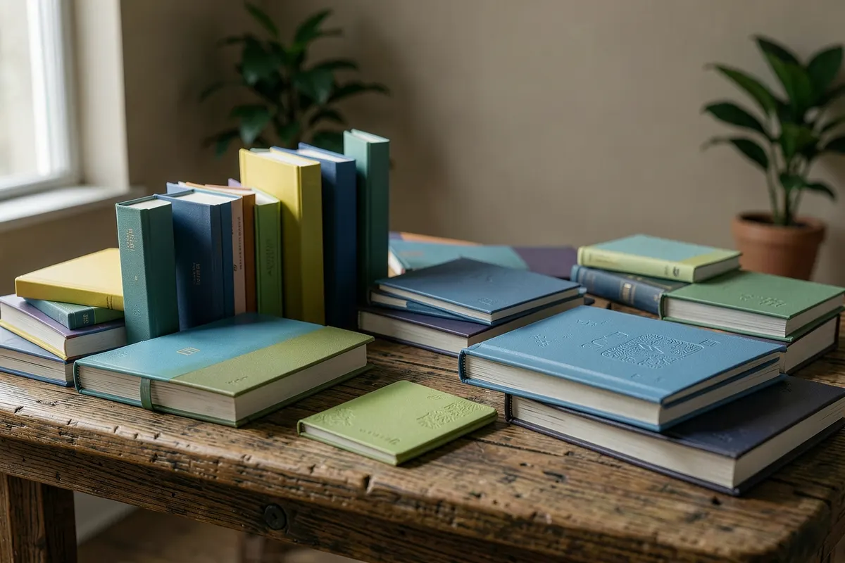 Variedade de livros didáticos, apostilas e cadernos sobre uma mesa.