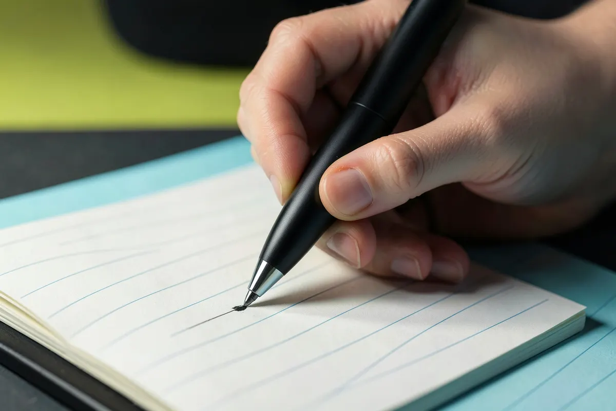 Mãos escrevendo em um caderno com caneta, praticando redação.