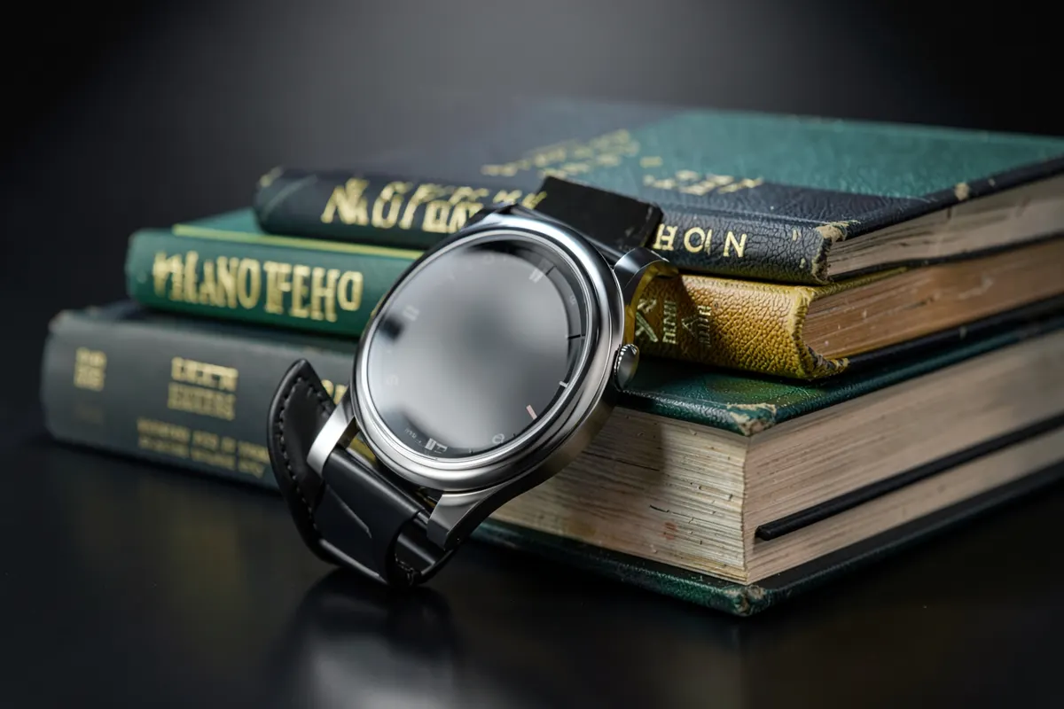 Relógio de pulso ao lado de livros, simbolizando o tempo de estudo.