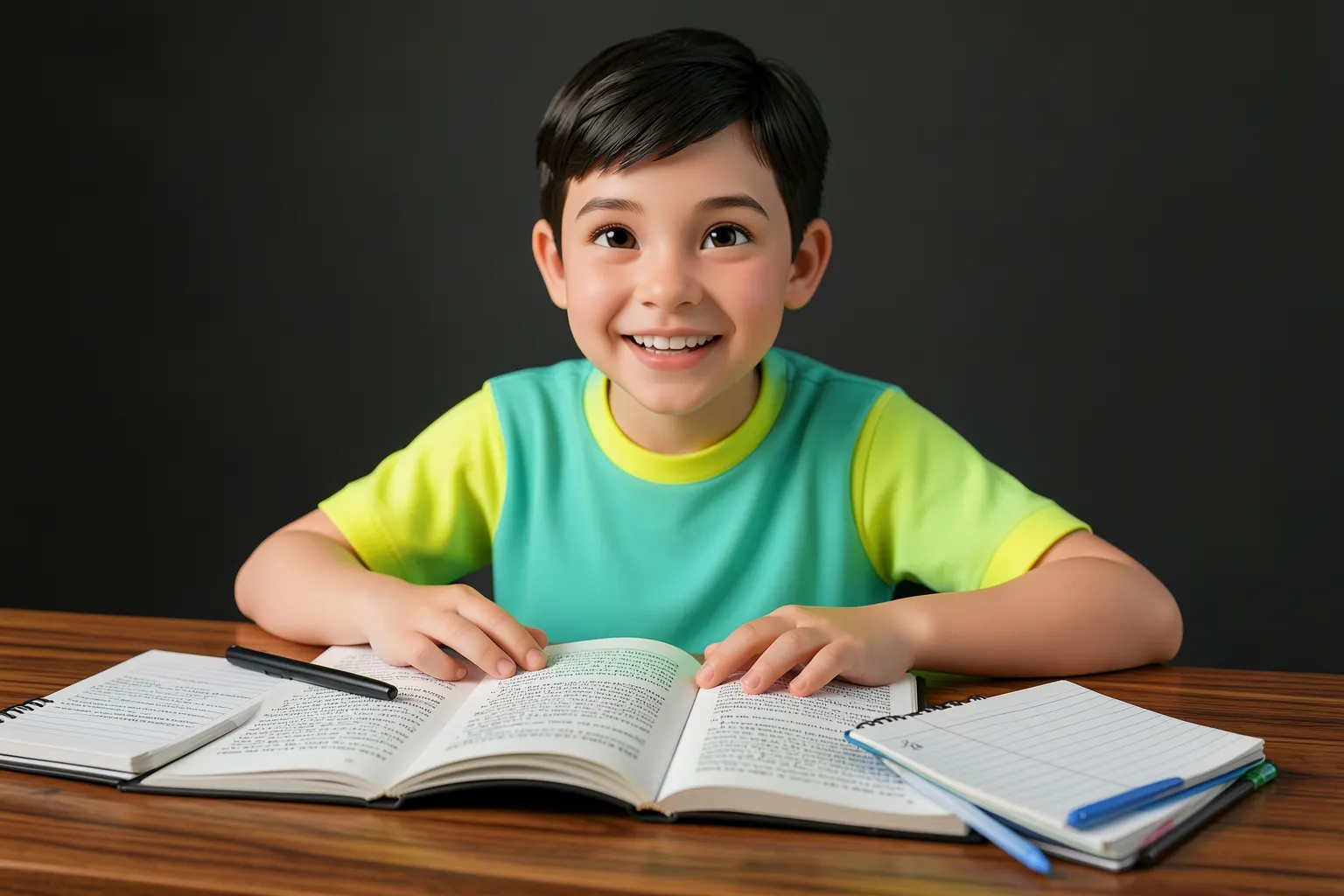 Estudante sorrindo e olhando para a câmera, com livros e cadernos ao redor.