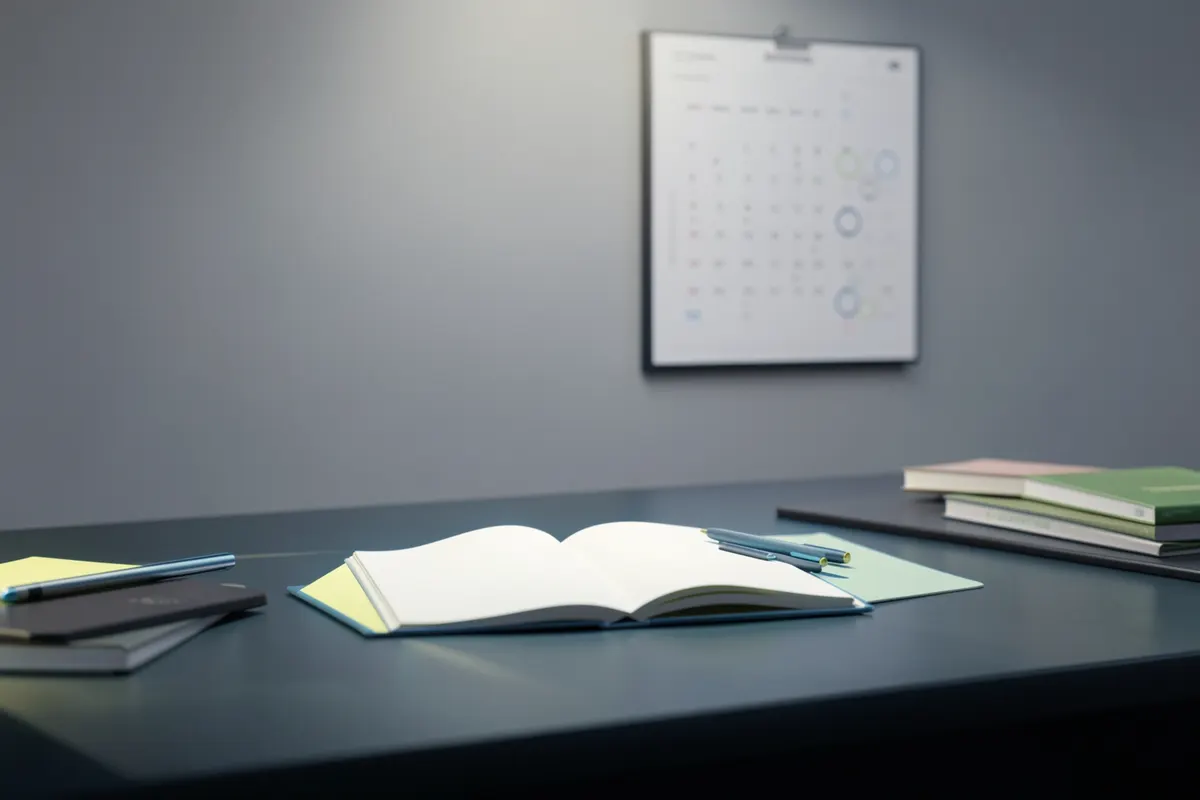Calendário com marcações e livros sobre uma mesa, simbolizando um cronograma de estudos