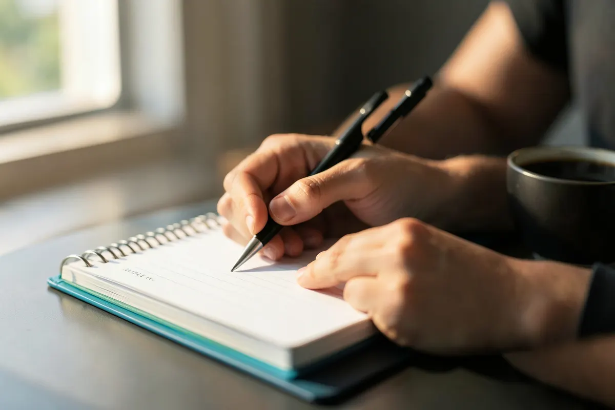 Pessoa escrevendo em um caderno com caneta, foco em planejamento