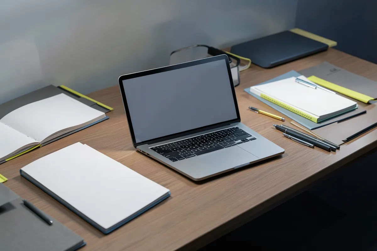 Mesa de estudos com livros, cadernos e um laptop aberto, com anotações visíveis