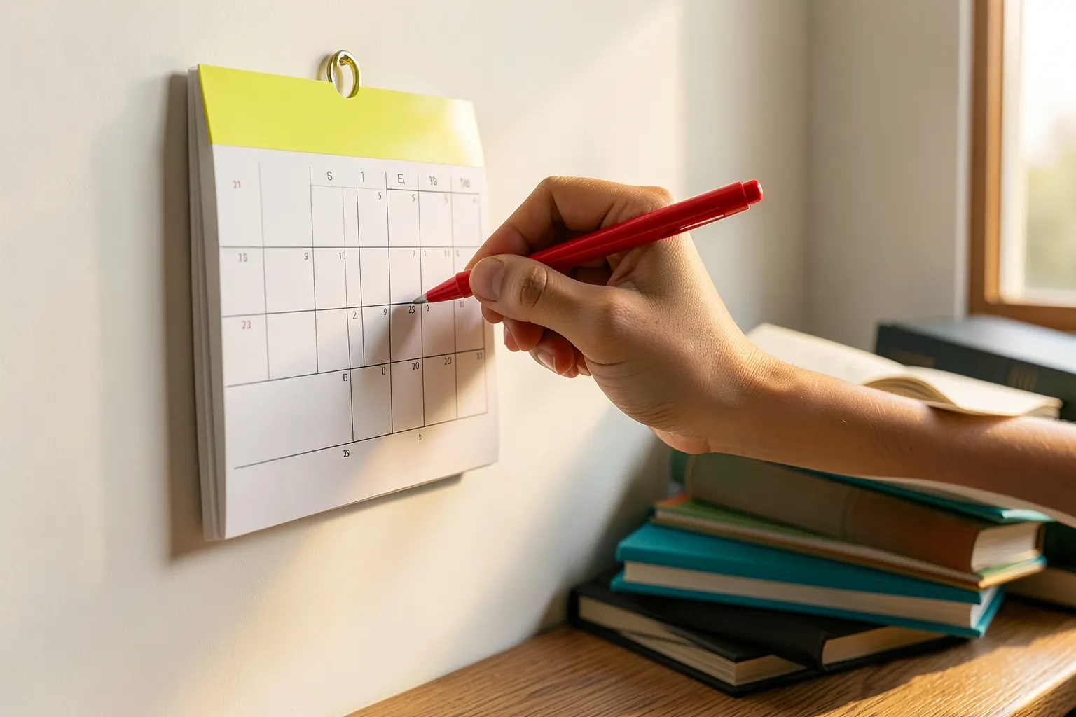 Estudante planejando o futuro com um calendário na mesa, Enem 2026 ao fundo