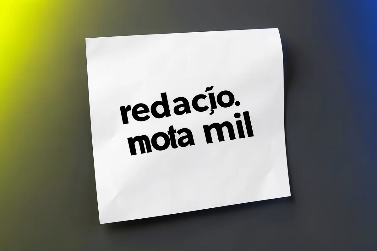Uma folha de papel branca com a frase "redação nota mil" escrita em letras pretas, em plano médio, com luz natural vinda de cima, em um momento de conclusão.
