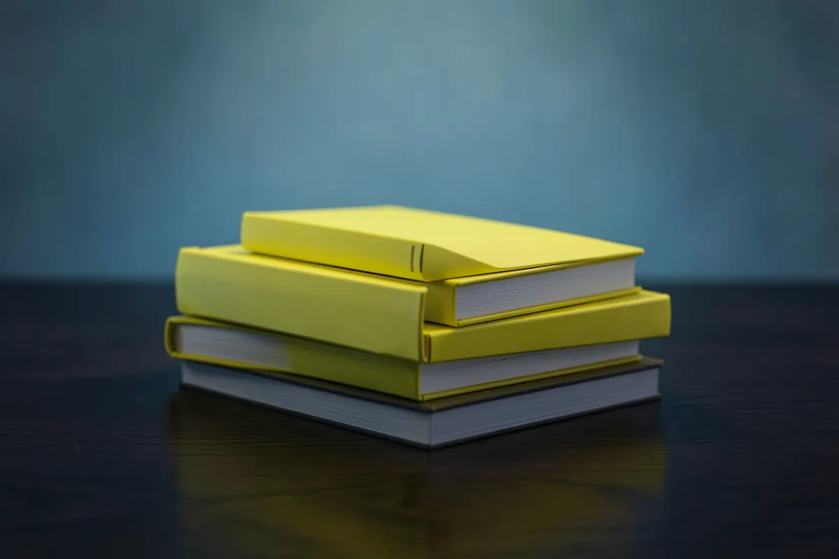 Uma pilha de livros sobre uma mesa, em plano geral, com luz vinda de cima, em um momento de estudo.