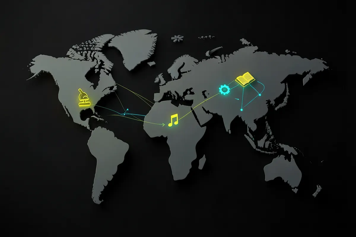 Um mapa-múndi com vários ícones representando diferentes áreas do conhecimento, em plano médio, com luz vinda da esquerda, em um momento de conexão.