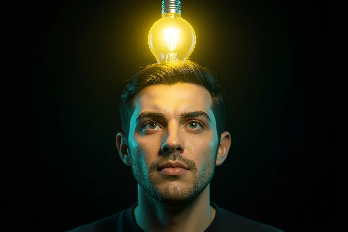 Uma pessoa pensando com uma lâmpada acesa acima da cabeça, em close-up, com luz vinda de frente, em um momento de inspiração.