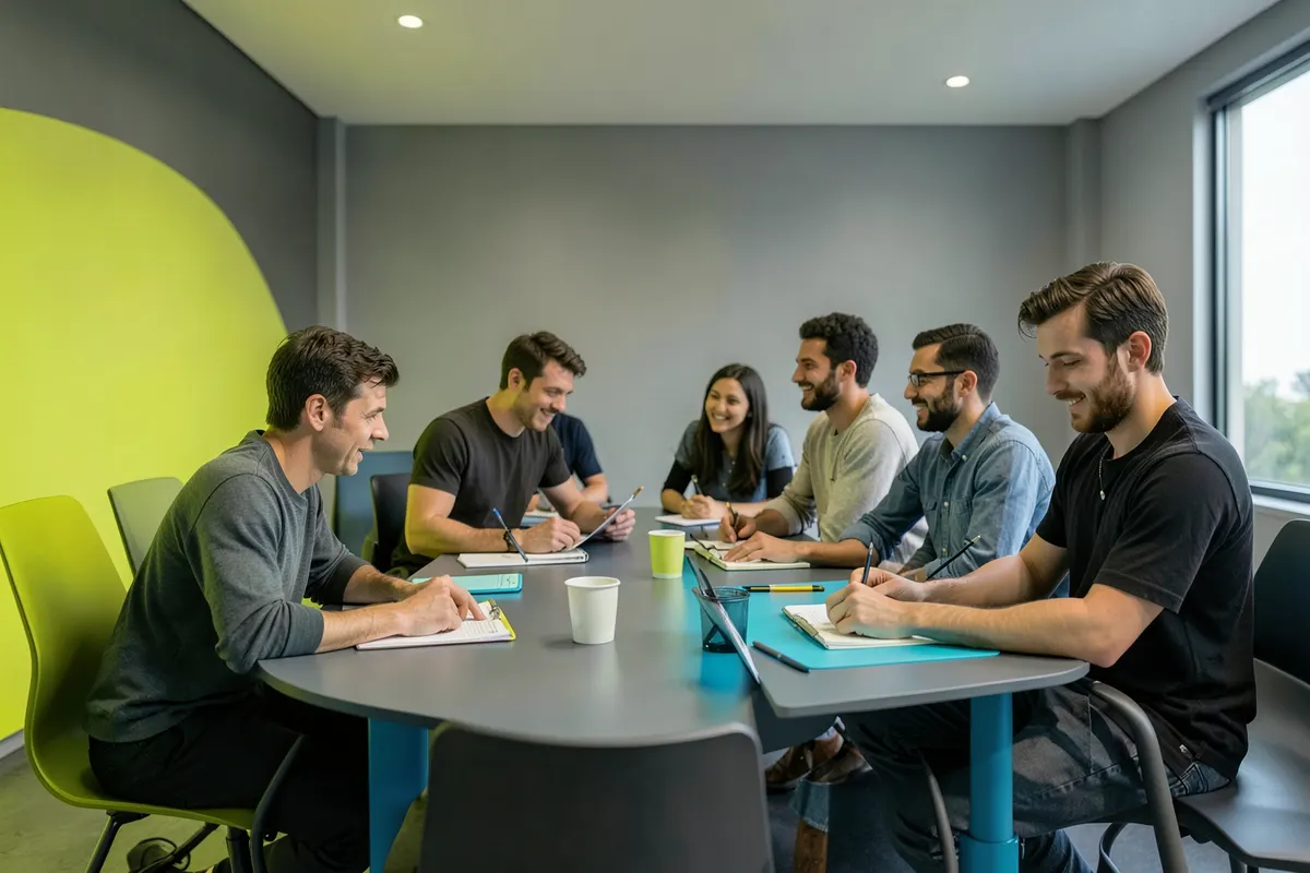 Um grupo de pessoas estudando juntas em uma sala, em plano geral, com luz vinda de cima, em um momento de colaboração.