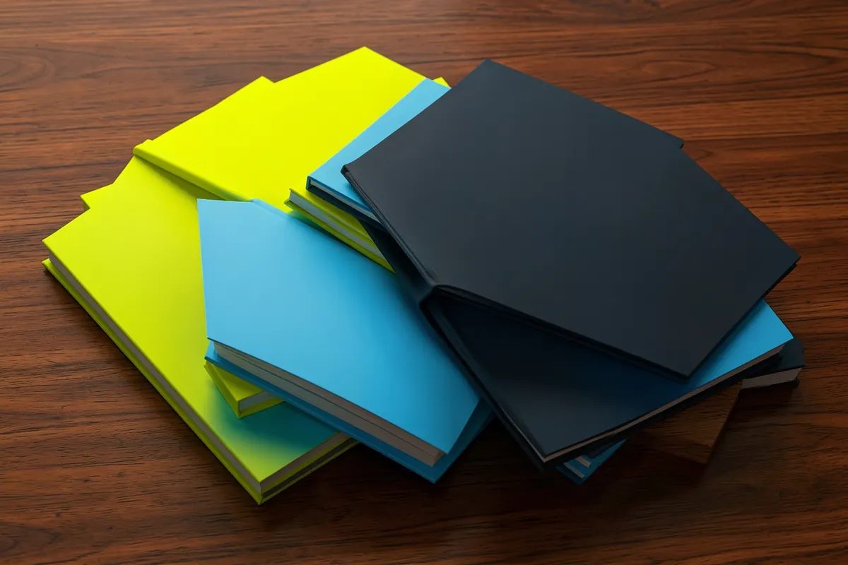 Pilha de livros didáticos e cadernos abertos sobre uma mesa de madeira.