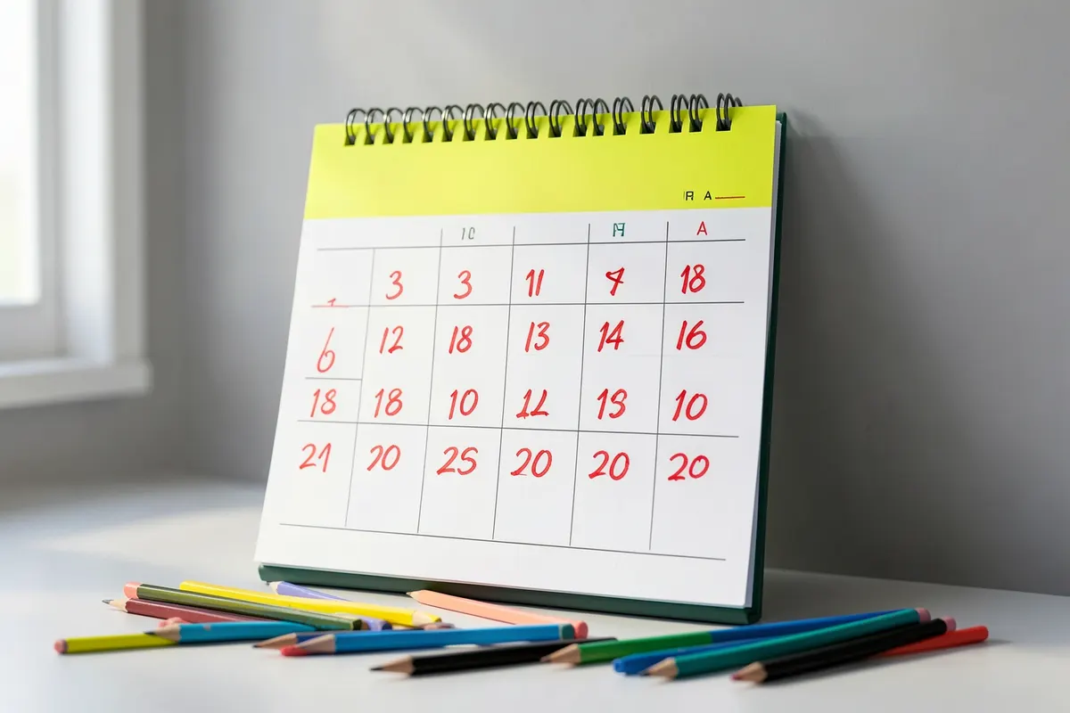 Calendário com dias marcados e canetas coloridas sobre uma mesa.