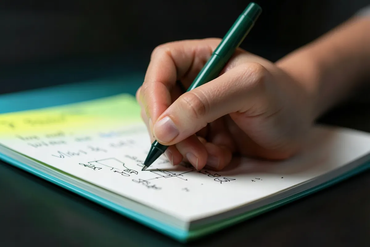 Mão escrevendo em um caderno com técnicas de estudo desenhadas.