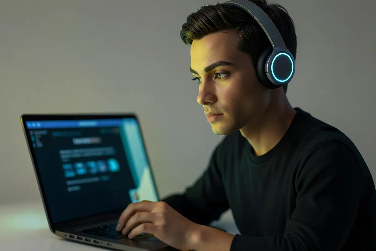 Pessoa assistindo a uma aula online em um laptop com fones de ouvido.