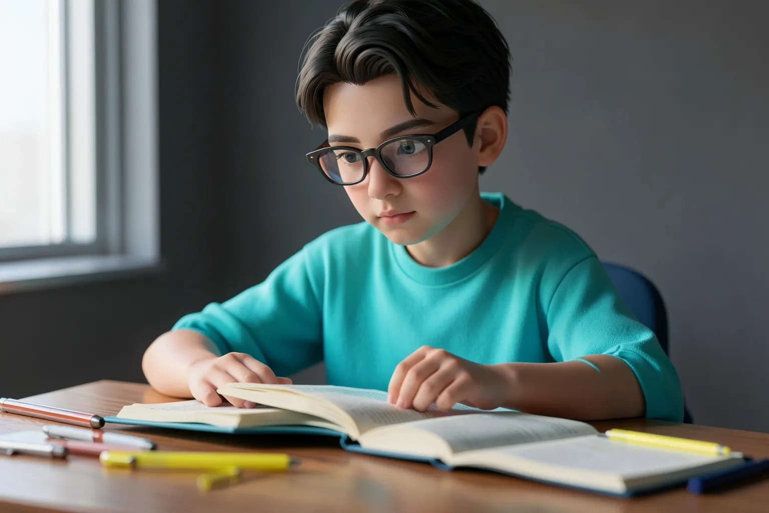 Estudante sorrindo enquanto lê um livro em uma mesa com cadernos e canetas, com uma janela ao fundo.