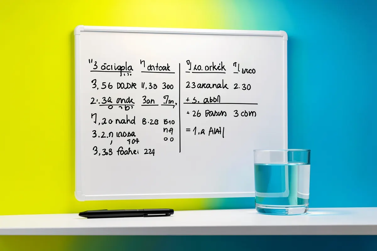 Um quadro branco com um cronograma de estudos rabiscado, incluindo horários e matérias, com uma caneta e um copo ao lado.