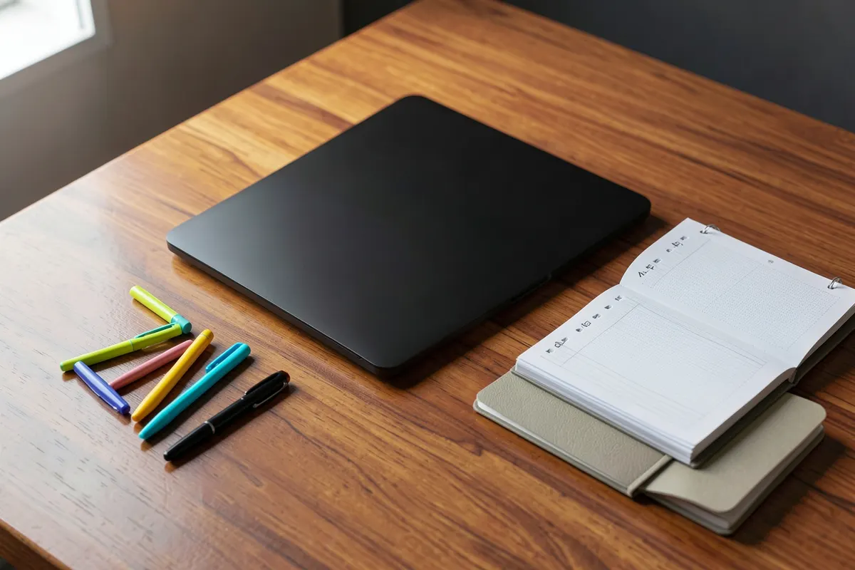 Uma mesa de estudo organizada com um laptop, um caderno, canetas coloridas e um planner semanal.