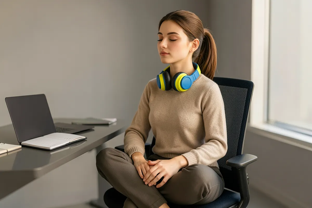 Uma pessoa meditando com os olhos fechados em uma cadeira, com um caderno de estudos aberto ao lado.
