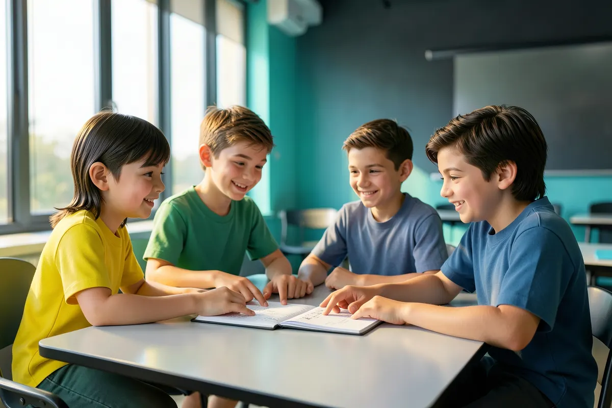 Um grupo de estudantes sorrindo e colaborando em um projeto em uma sala de aula moderna.