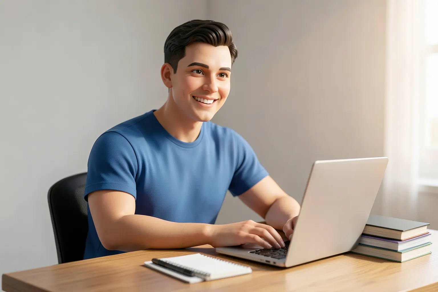 Um estudante sorrindo, sentado em uma mesa com livros e um laptop aberto, com um quadro branco desfocado ao fundo com um cronograma de estudos rabiscado.