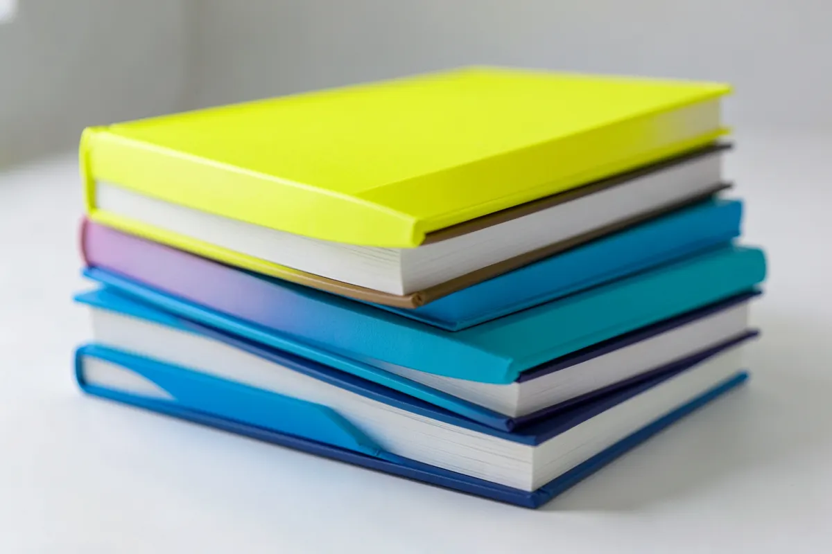 Uma pilha de livros didáticos coloridos sobre uma mesa de madeira com uma xícara de café ao lado.