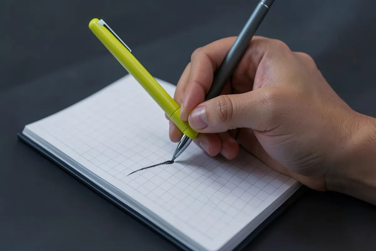 Uma pessoa escreve em um caderno com uma caneta, com as mãos visíveis sobre a mesa.