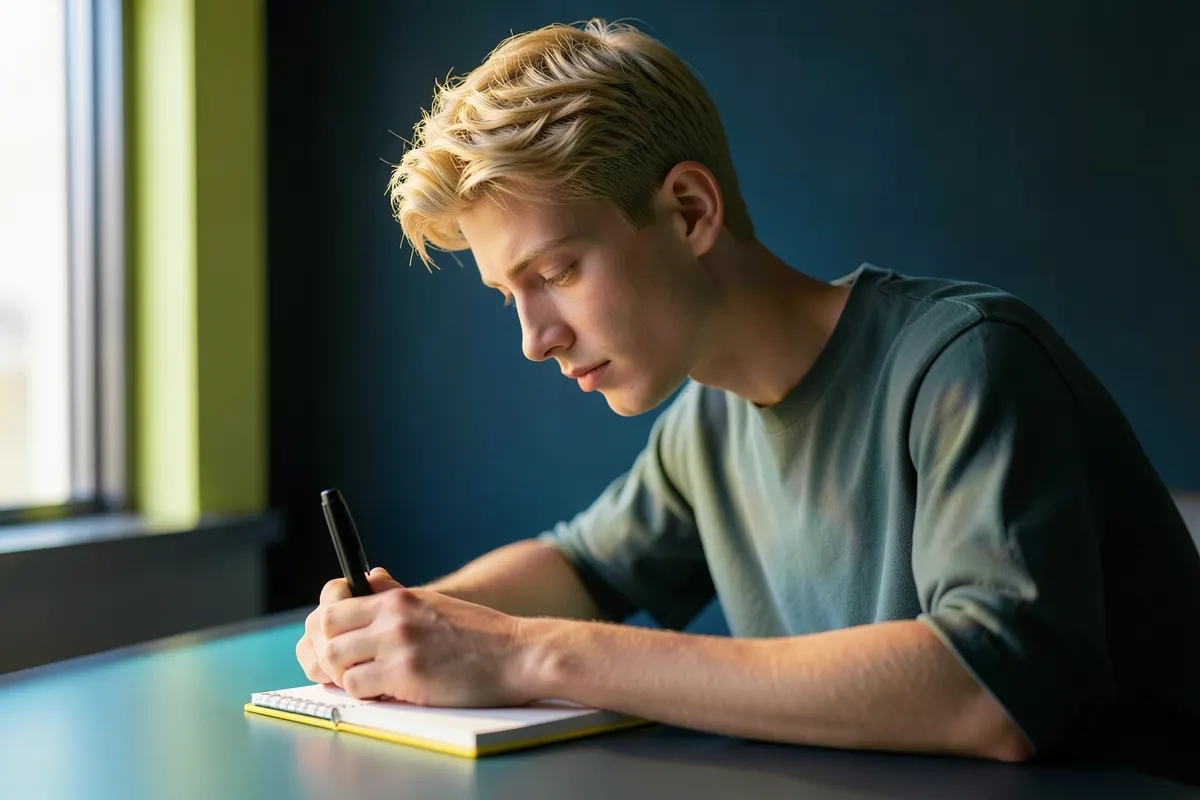 Um jovem escreve em um caderno com uma caneta, sentado em uma mesa com um laptop aberto.