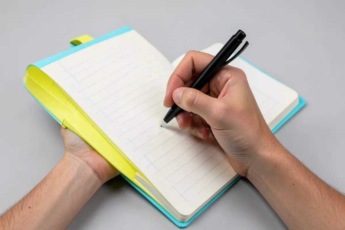 Uma pessoa sentada em uma mesa escreve em um caderno com uma caneta, com um copo de água ao lado.