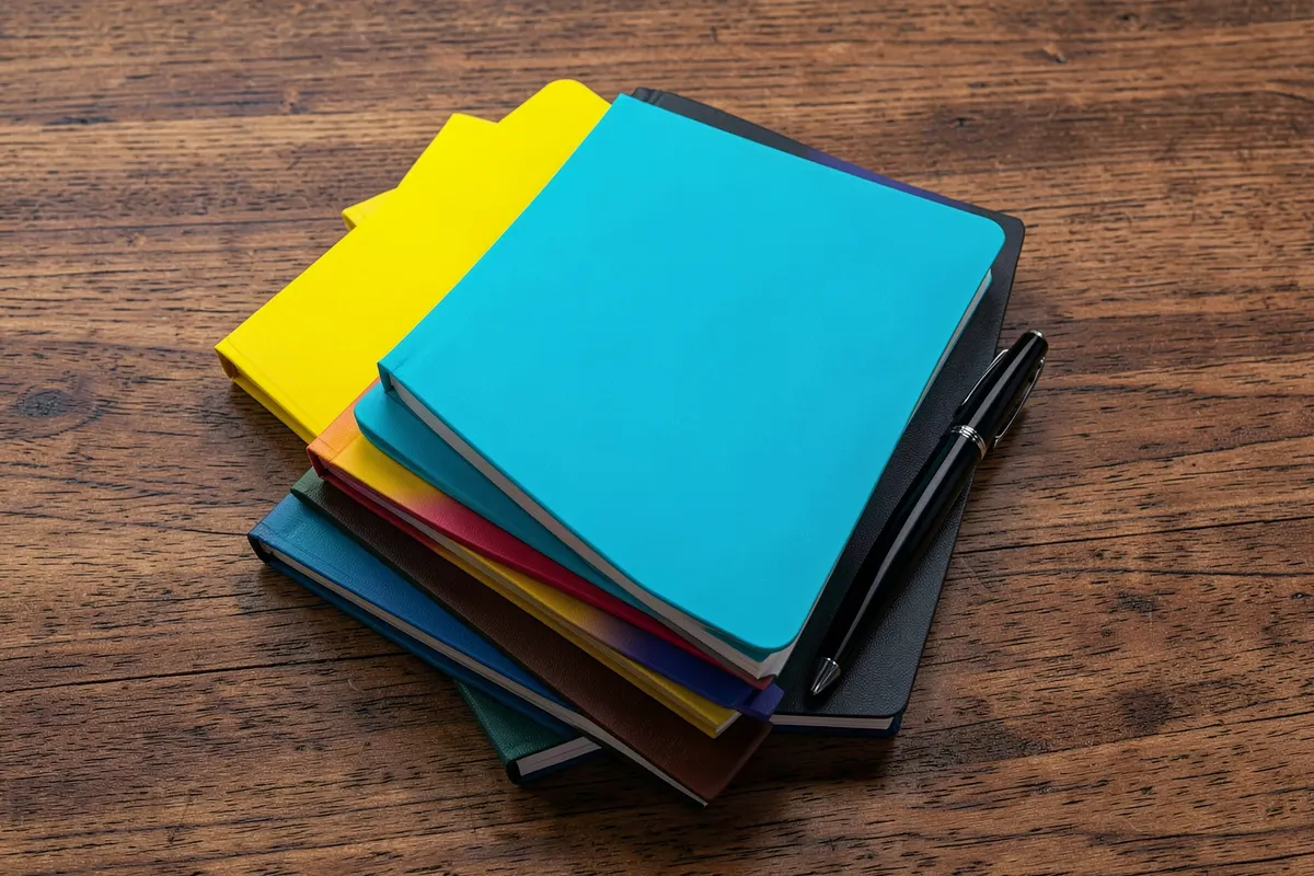 Uma pilha de livros e cadernos sobre uma mesa de madeira, com uma caneta ao lado, simbolizando a organização dos estudos.