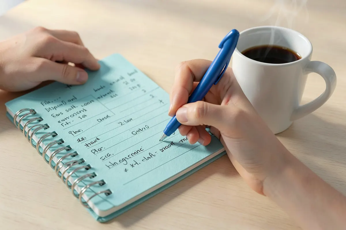 Uma pessoa escrevendo em um caderno com um plano de estudos, com uma xícara de café ao lado.