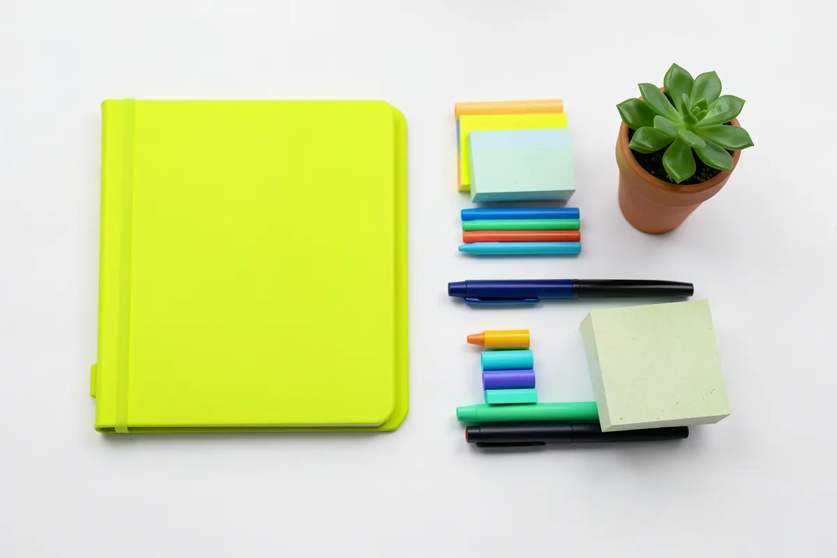 Um conjunto de ferramentas de organização, como agenda, canetas coloridas e post-its, sobre uma mesa.