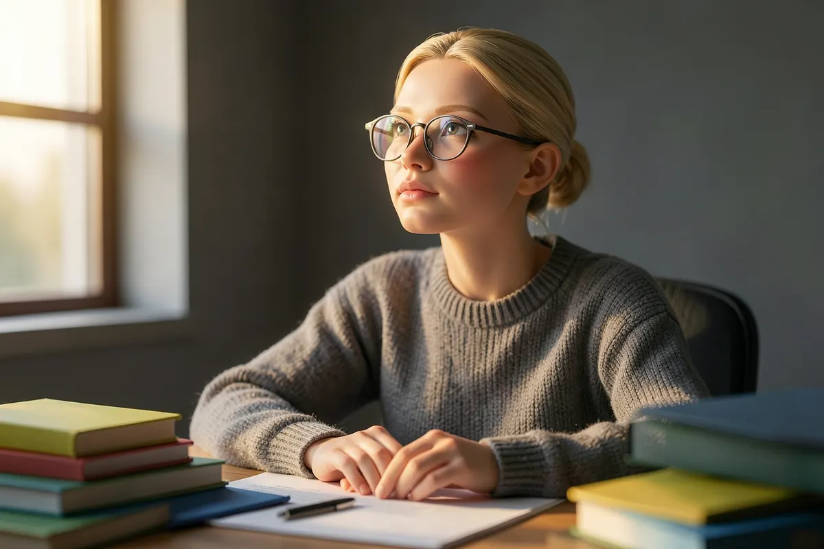 Uma pessoa com expressão determinada, cercada por livros, olhando para o horizonte com esperança.