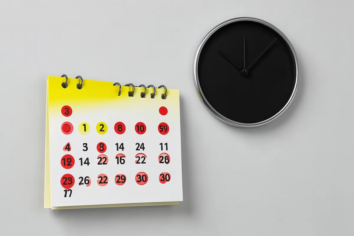 Um calendário com dias marcados e um relógio, representando a gestão do tempo nos estudos.