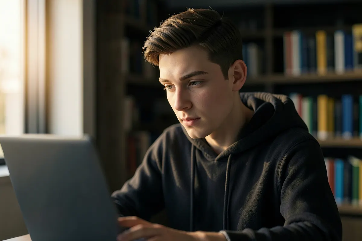Um jovem estudante usando um laptop em uma biblioteca moderna, com foco na tela.