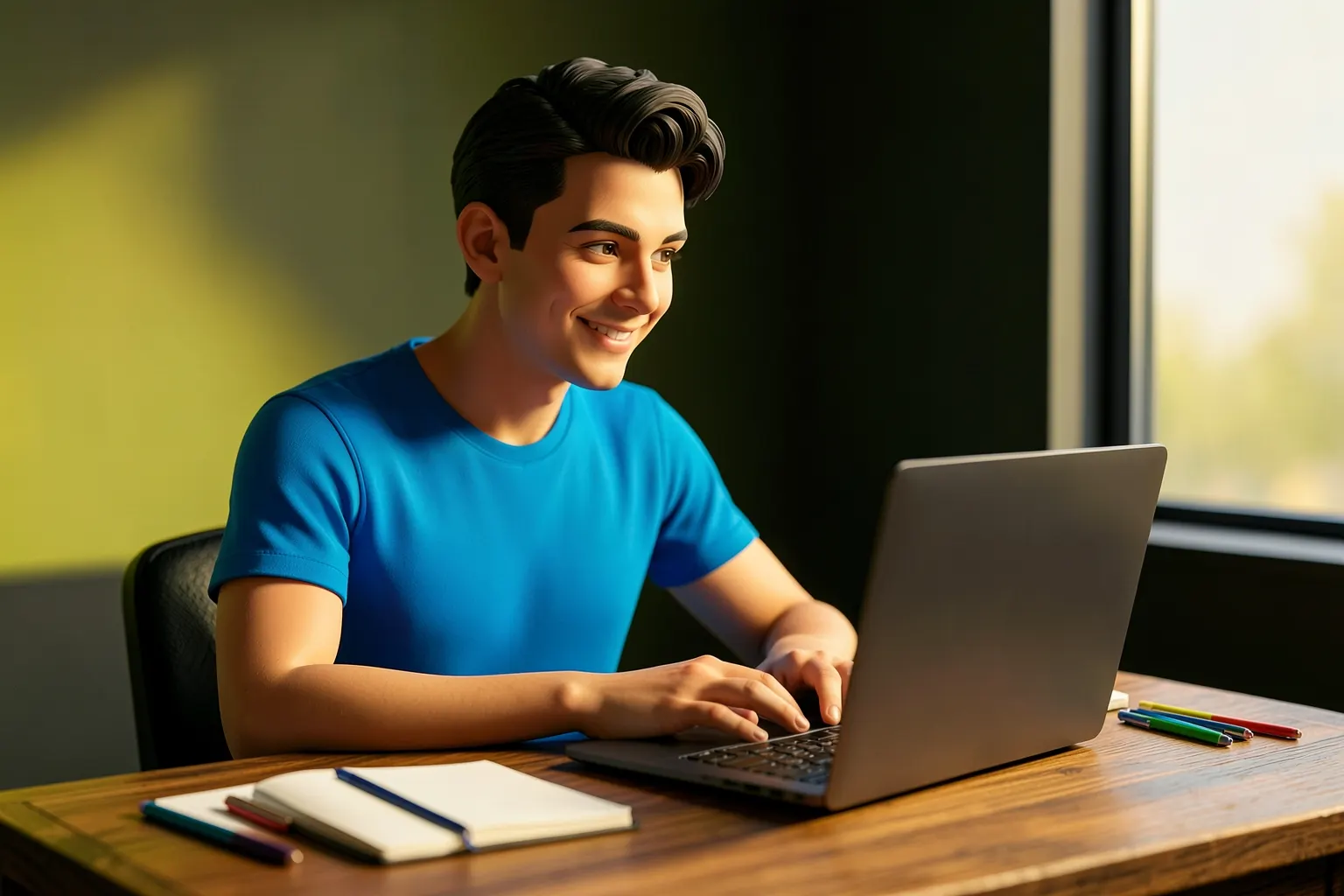 Um estudante sorrindo, sentado em uma mesa com livros e um laptop, planejando seu cronograma de estudos.