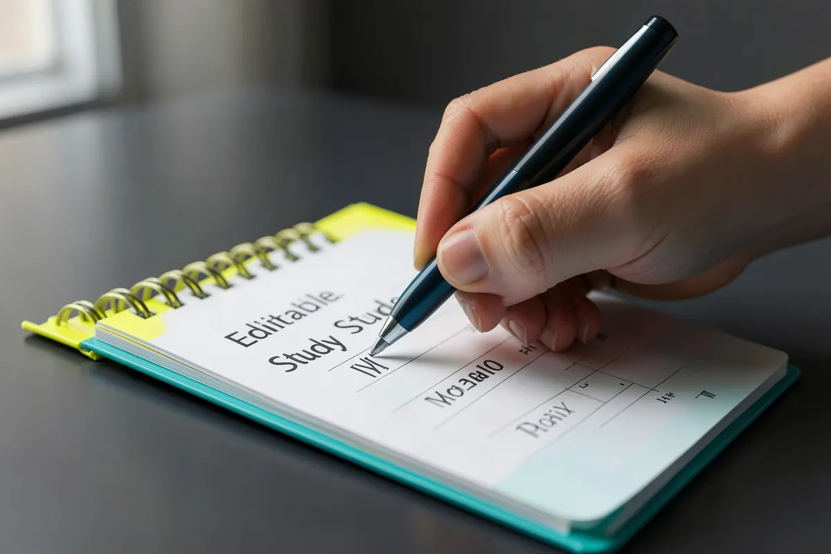 Close-up de uma mão escrevendo em um planner semanal com caneta, com o título "Cronograma de Estudos Editável".