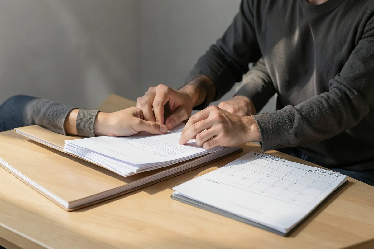 Pessoa organizando papéis e materiais de estudo sobre uma mesa, com um calendário aberto ao lado.