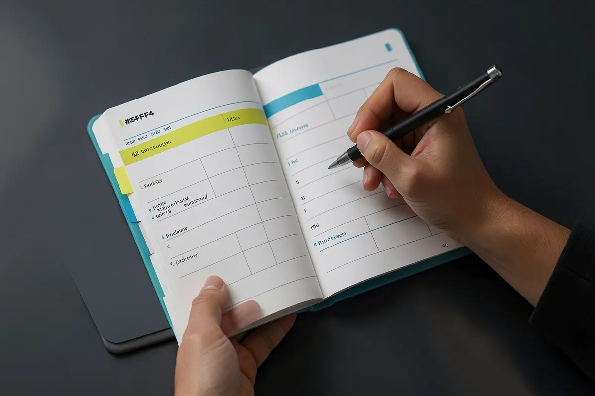 Estudante planejando seu dia em um planner físico, com marcações de horários e matérias.