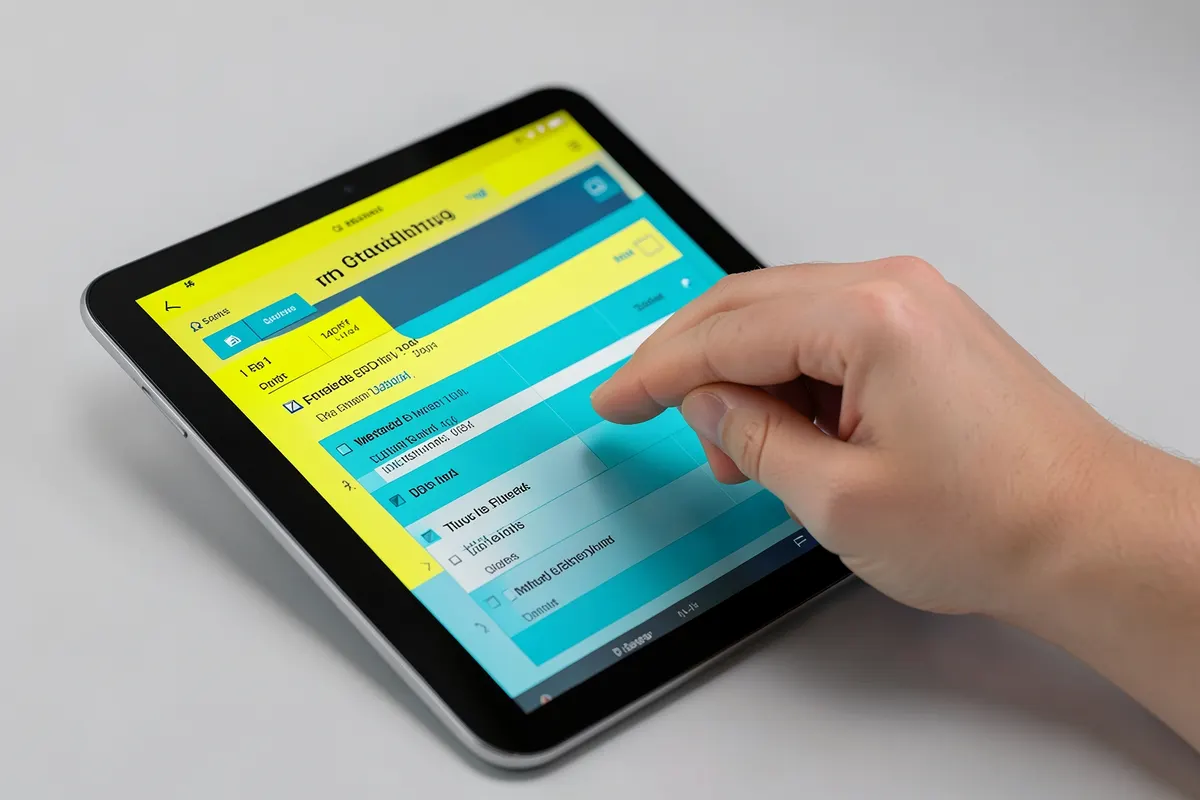 Mão preenchendo um modelo de cronograma de estudos editável em um tablet.
