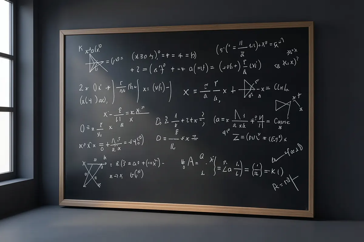 Um quadro negro com diversas fórmulas matemáticas e diagramas geométricos.