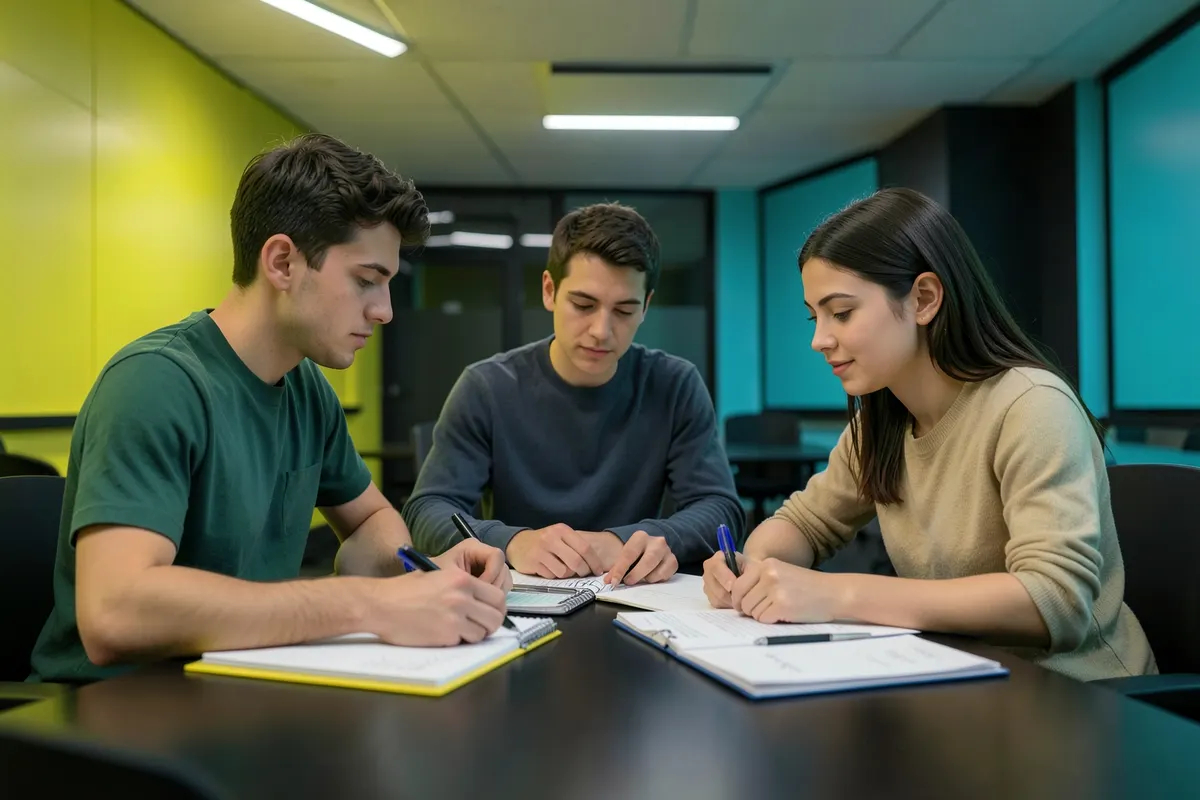 Um grupo de estudantes resolvendo problemas de matemática juntos em uma sala de aula.