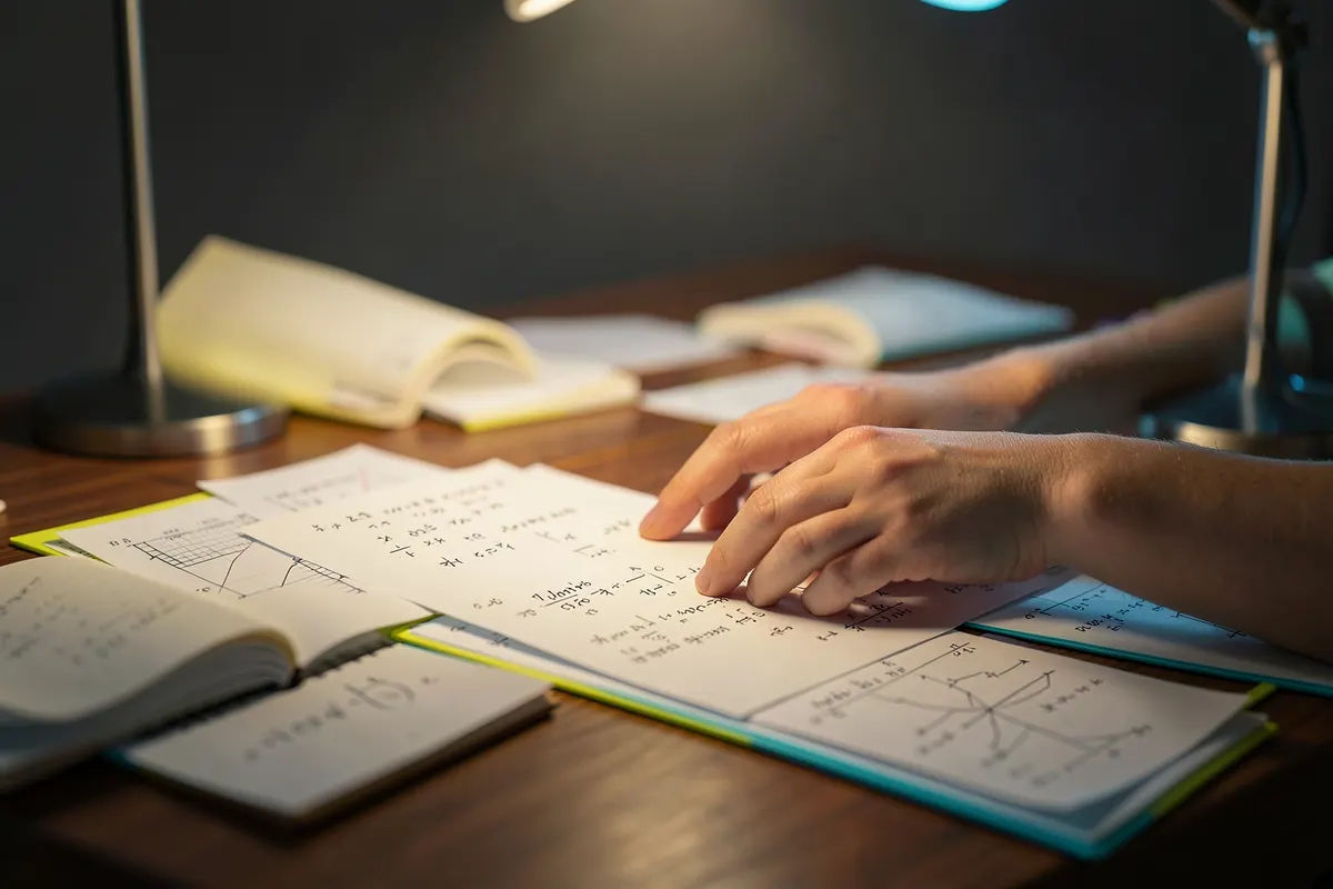 Uma pessoa organizando papéis e livros sobre matemática em uma mesa.