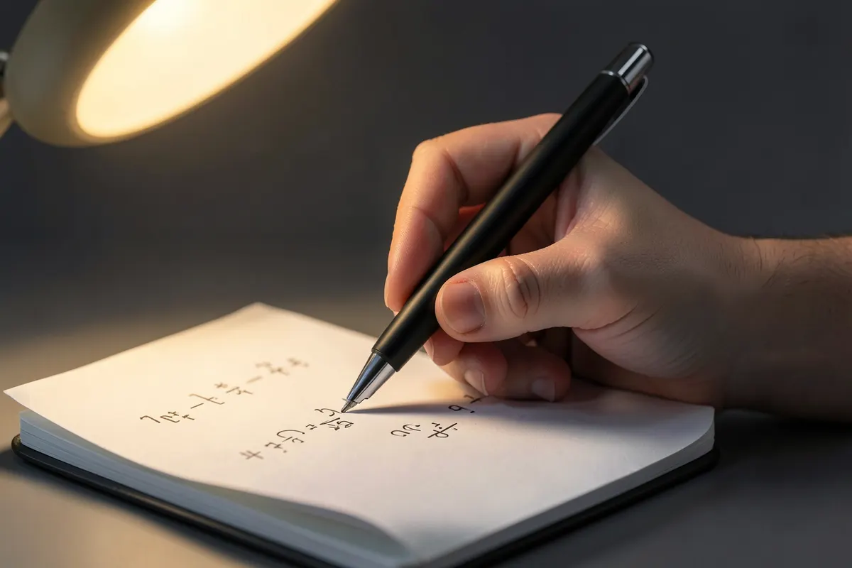Uma mão escrevendo uma equação matemática em um caderno com uma caneta.