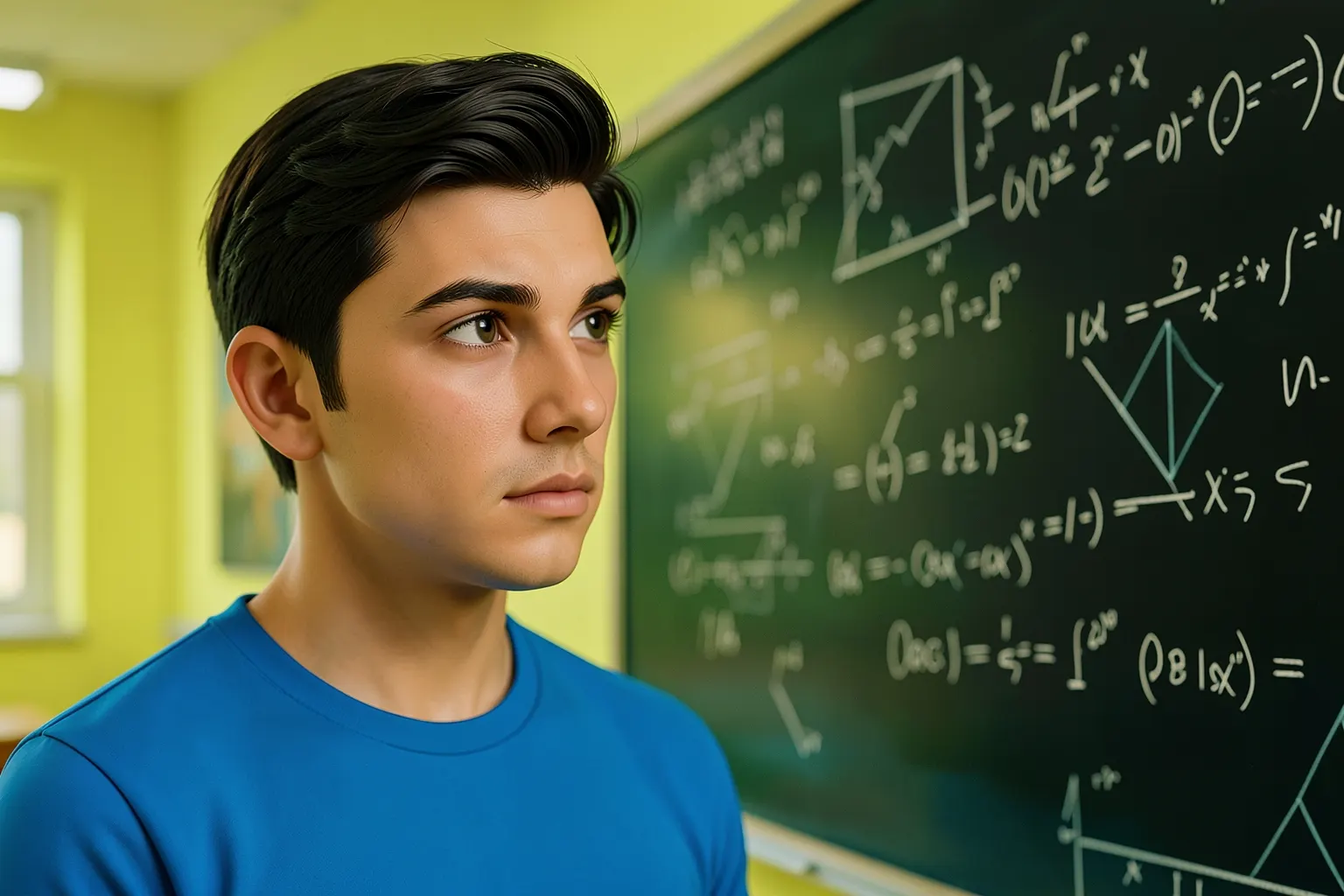 Um estudante pensativo olhando para um quadro com fórmulas matemáticas complexas, em close-up.