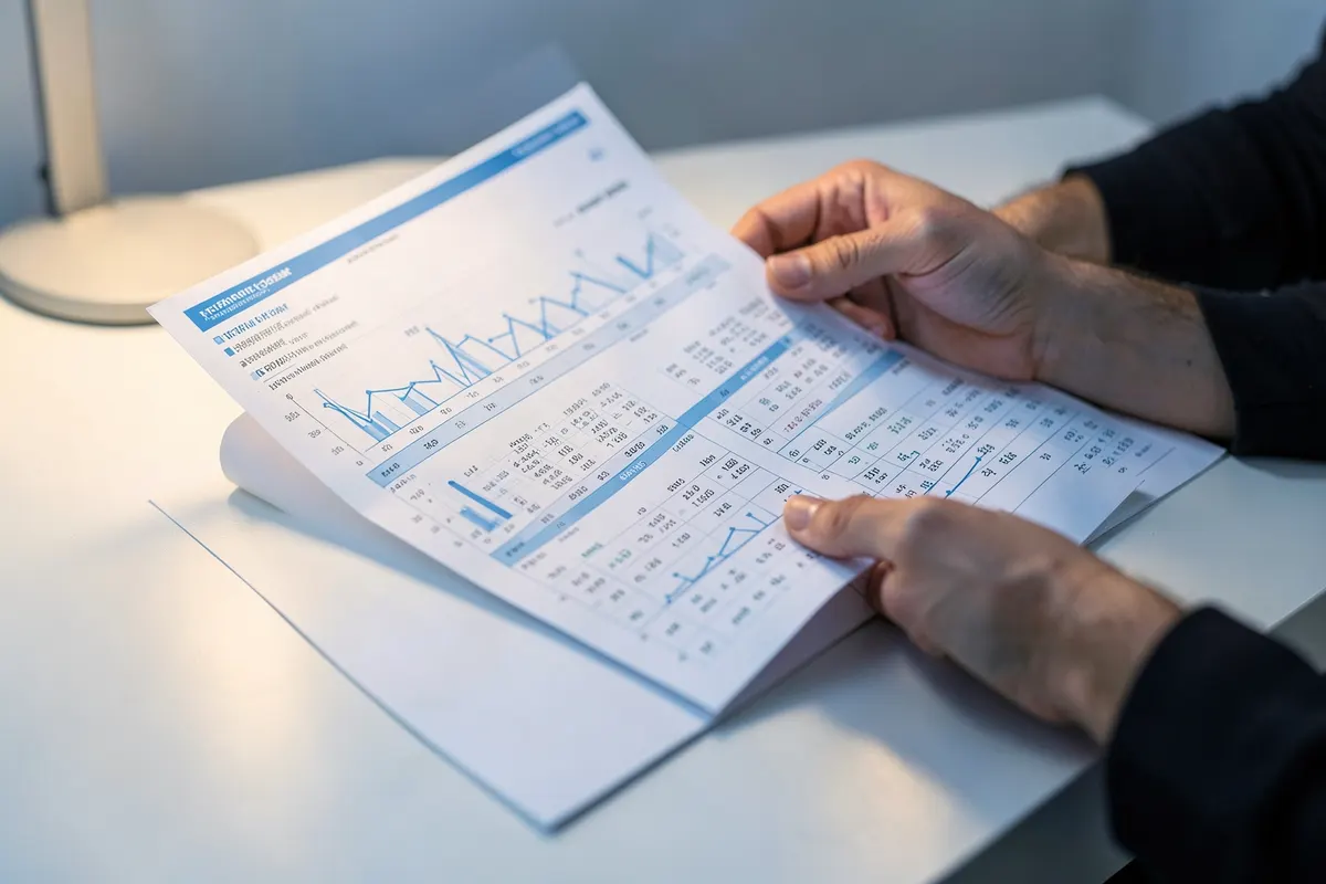 Uma pessoa analisando um relatório financeiro com gráficos e números em uma mesa de escritório.