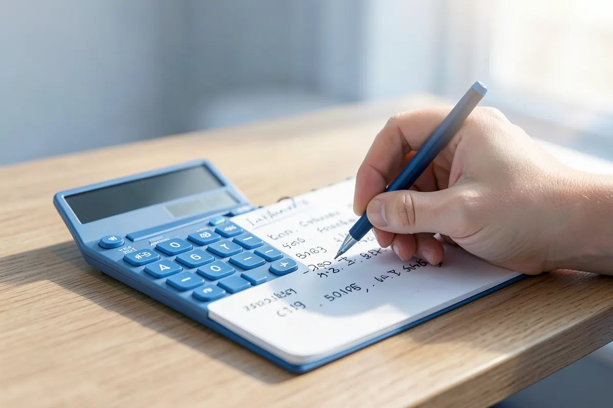 Uma calculadora e um bloco de notas com anotações sobre custos e quantidades em uma mesa.