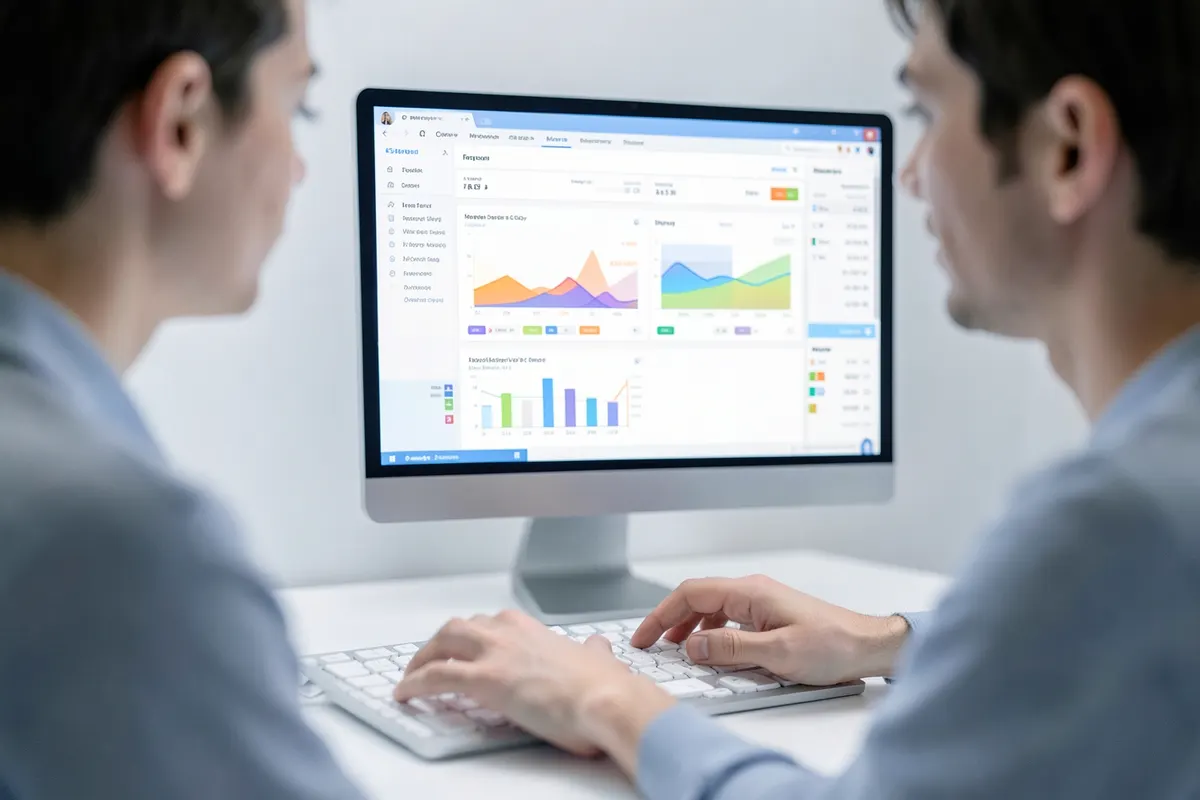 Um computador exibindo um software de gestão de estoque com gráficos e dados.