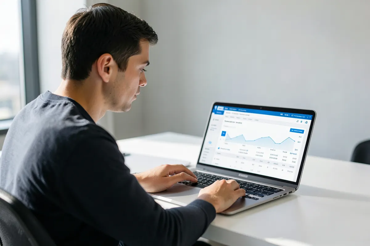 Uma pessoa trabalhando em um laptop com um software de gestão de estoque personalizado em um escritório moderno.